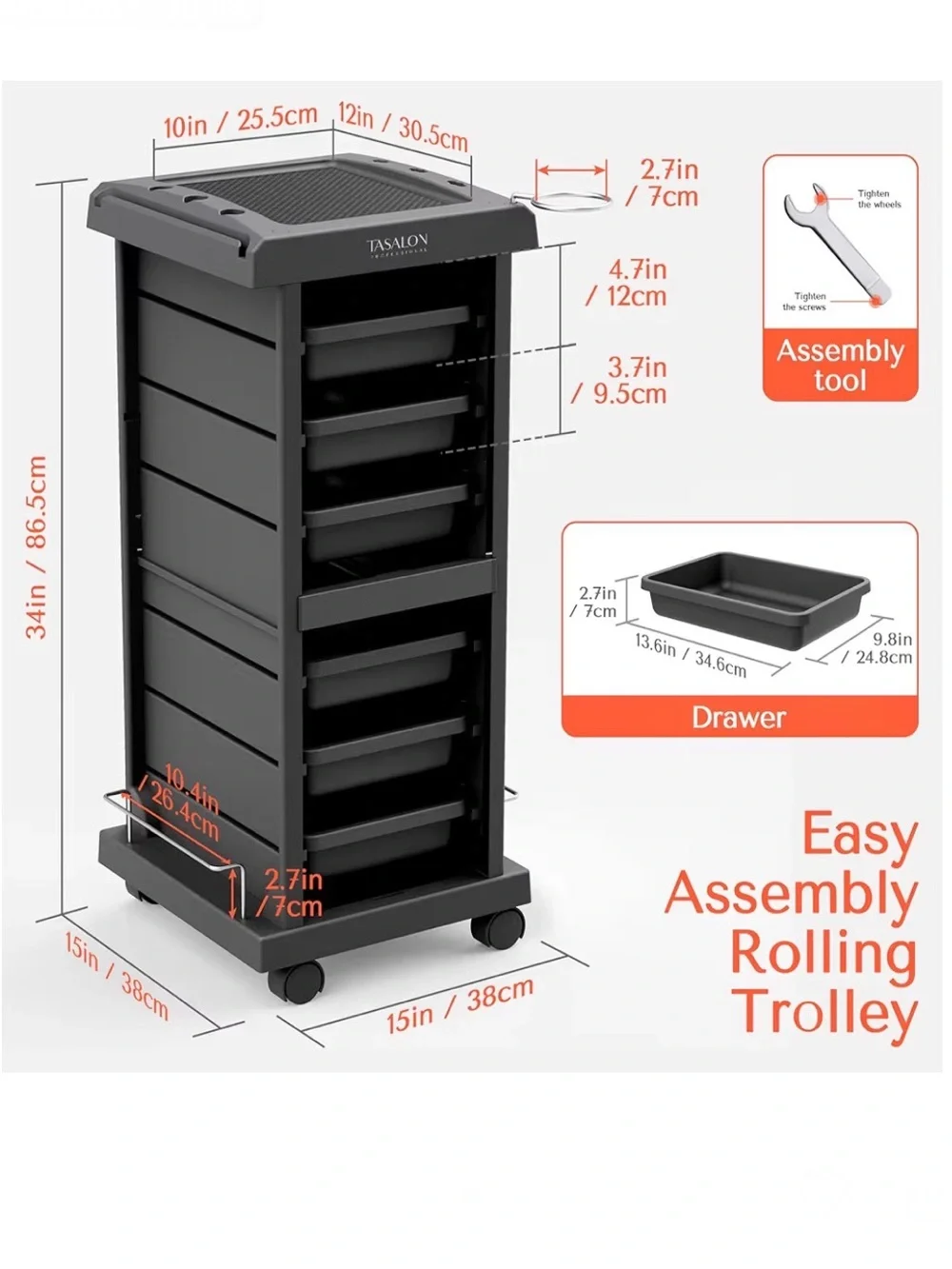 Tasalon Black Rolling Storage Salon💇‍♀️Cart with Removable Trays